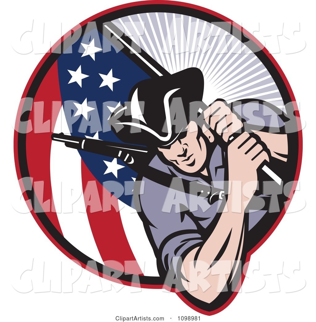 Retro American Revolutionary Soldier Patriot Minuteman Carrying a Flag