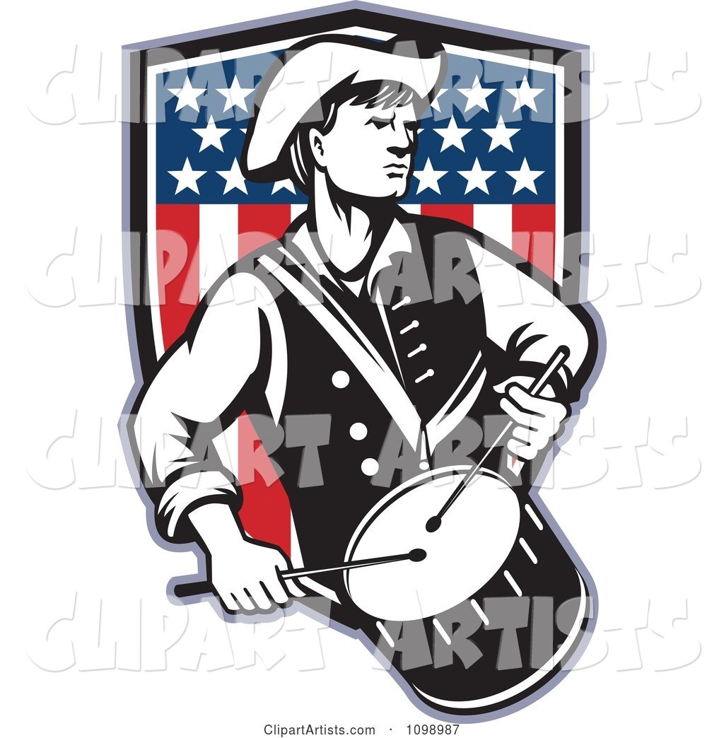 Retro American Revolutionary War Soldier Patriot Minuteman Drummer with a Shield of Stars and Stripes