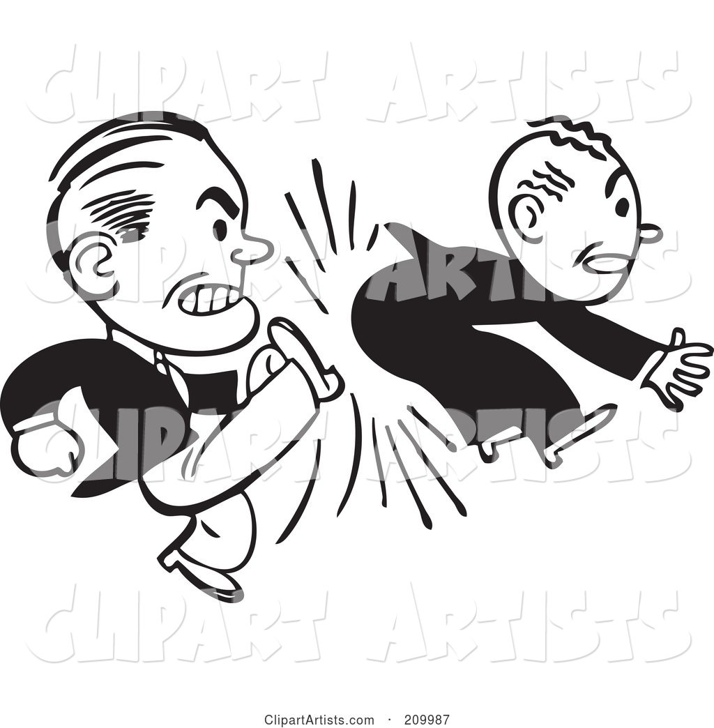 Retro Black and White Businessman Kicking Another in the Butt