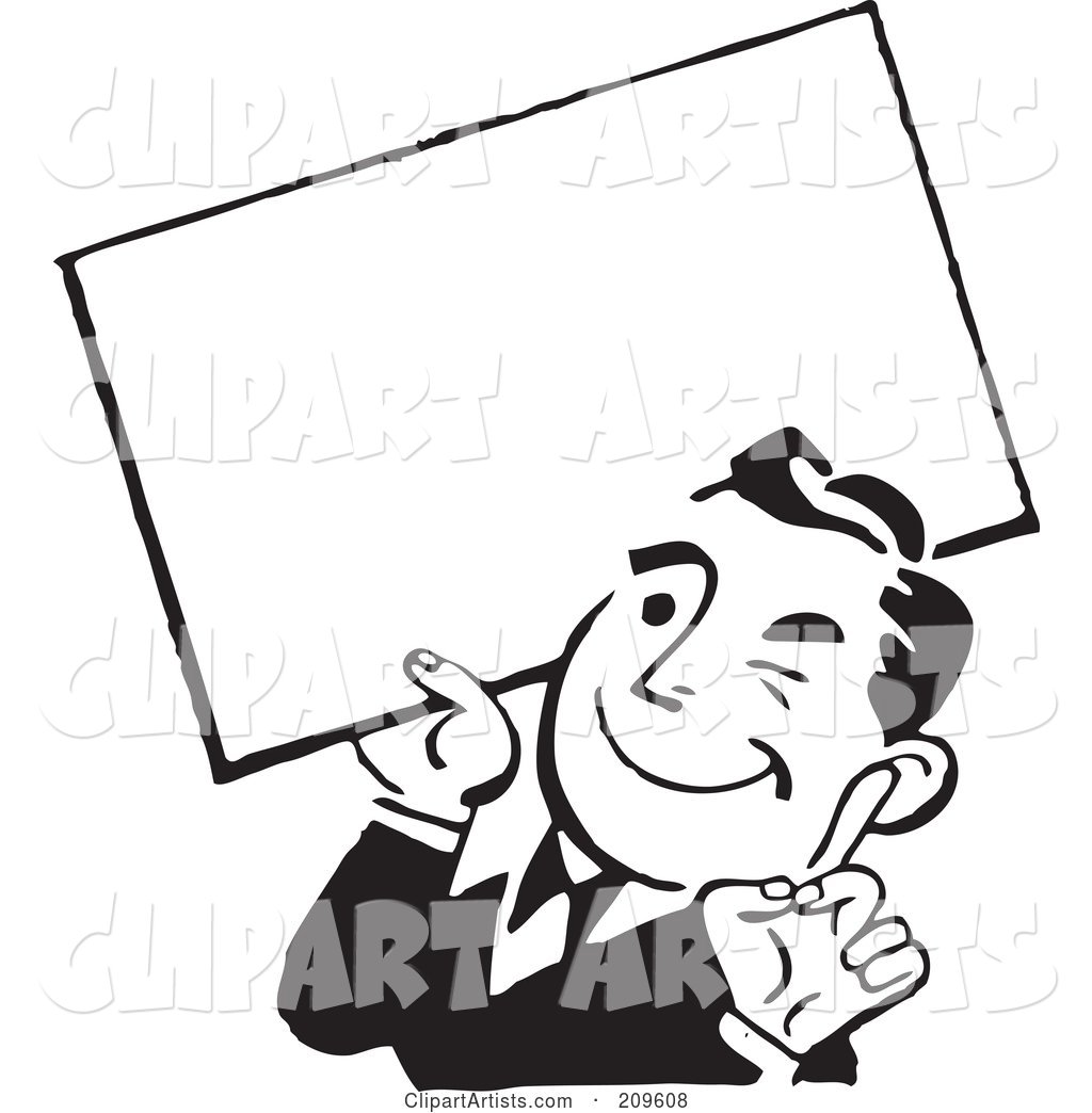 Retro Black and White Businessman Winking and Holding a Blank Sign