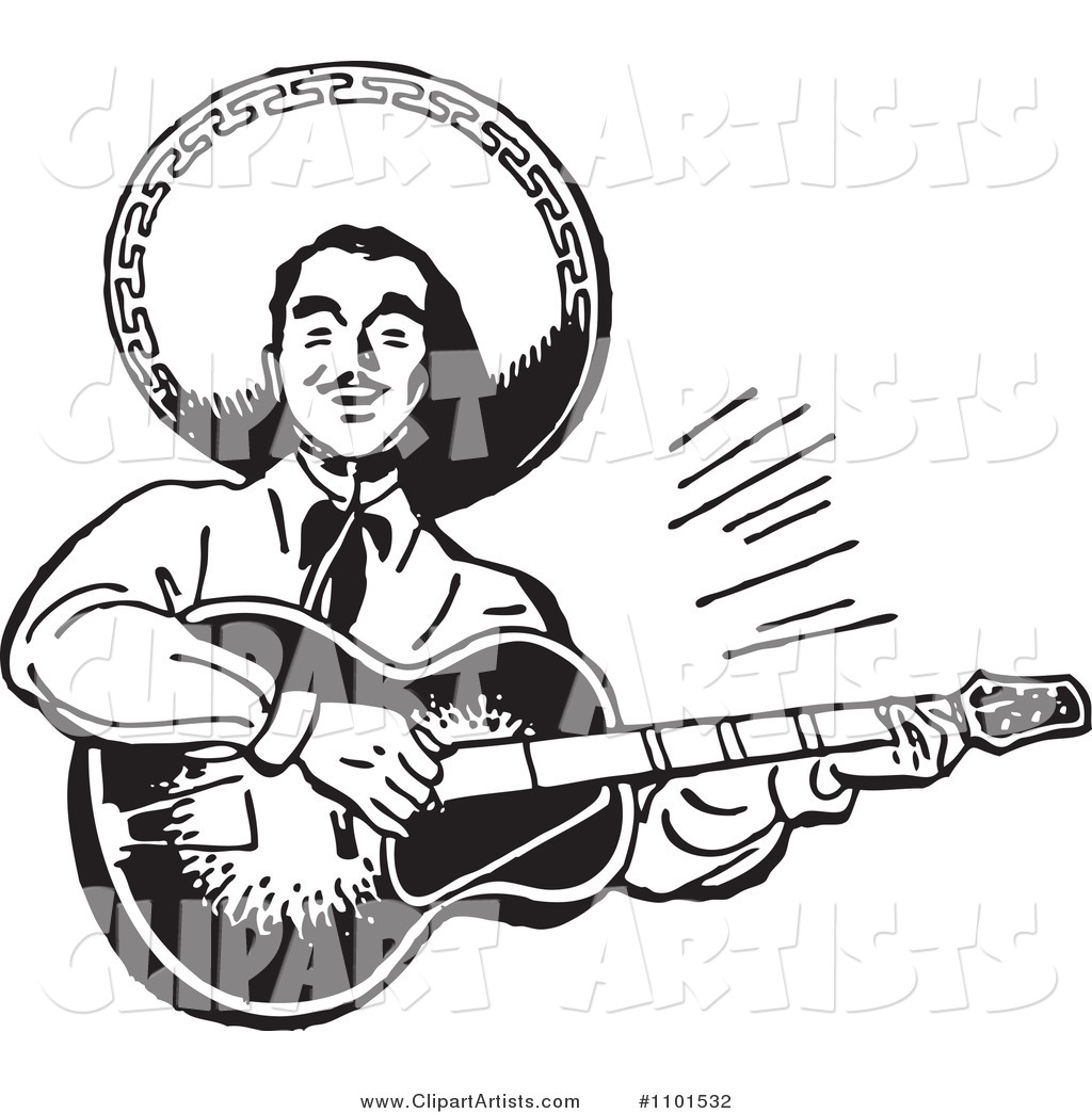 Retro Black and White Happy Mexican Mariachi Guitarist