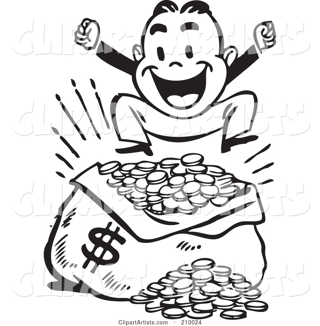 Retro Black and White Man Jumping over a Sack of Money