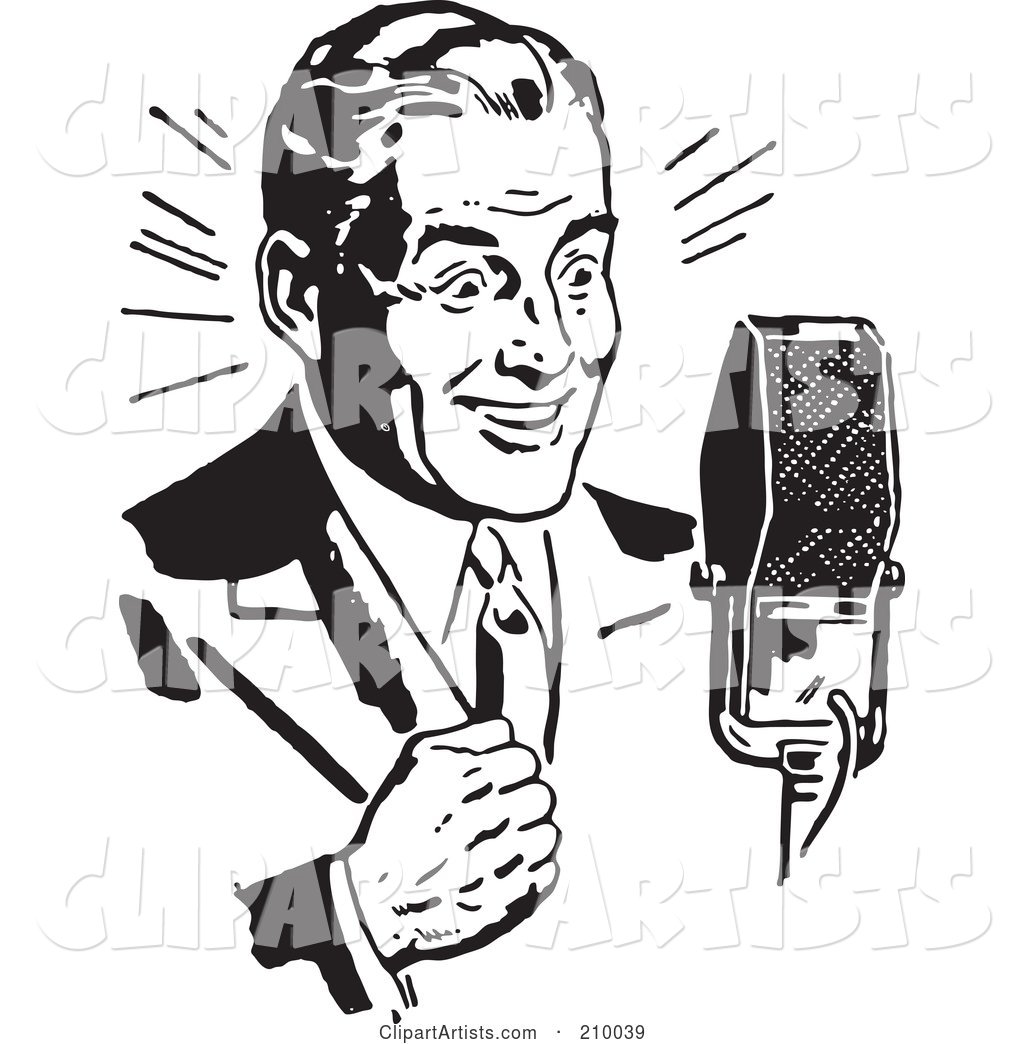 Retro Black and White Man Speaking into a Microphone