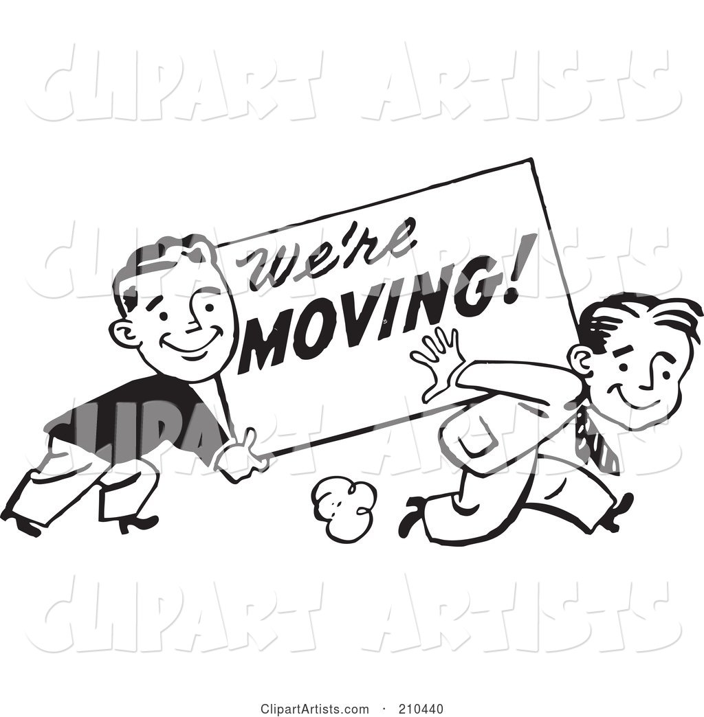Retro Black and White Men Carrying a We're Moving Sign