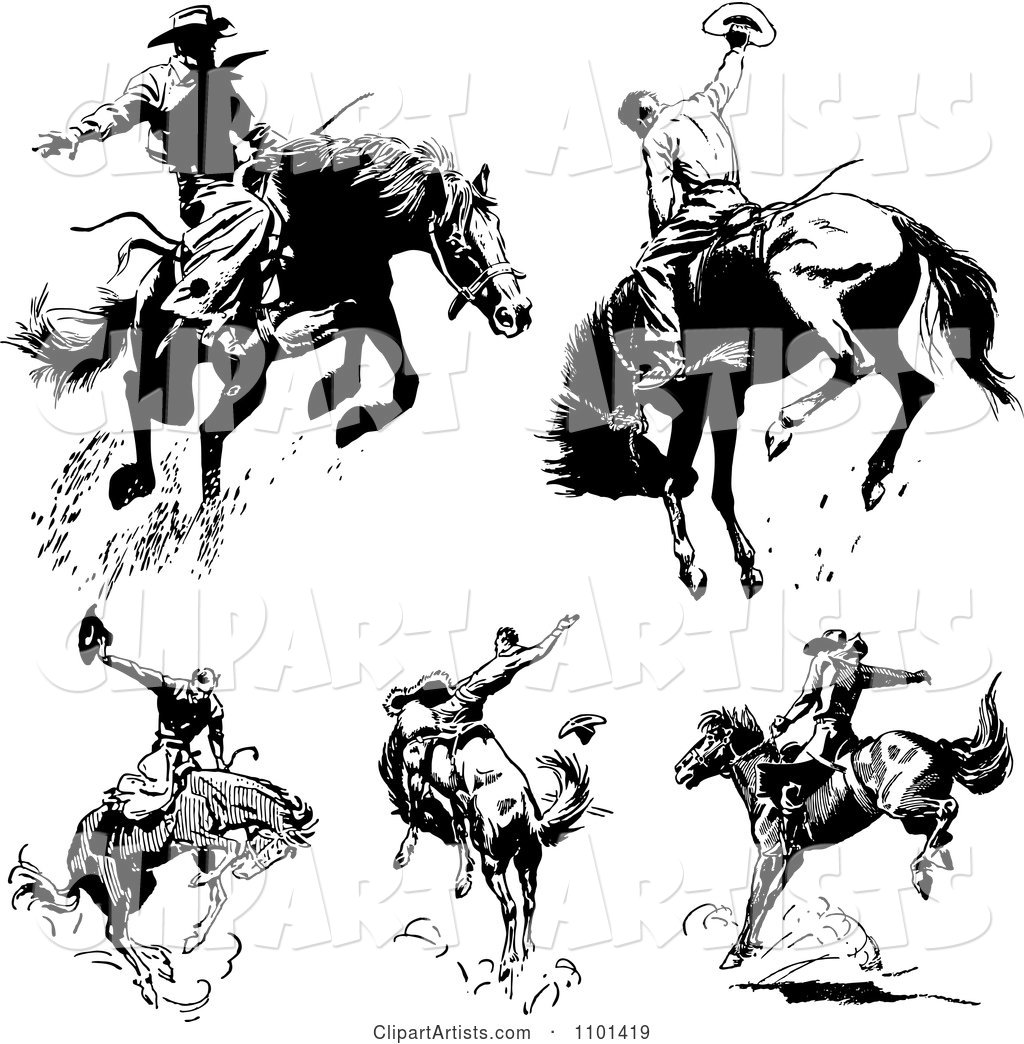 Retro Black and White Rodeo Cowboys on Bucking Horses