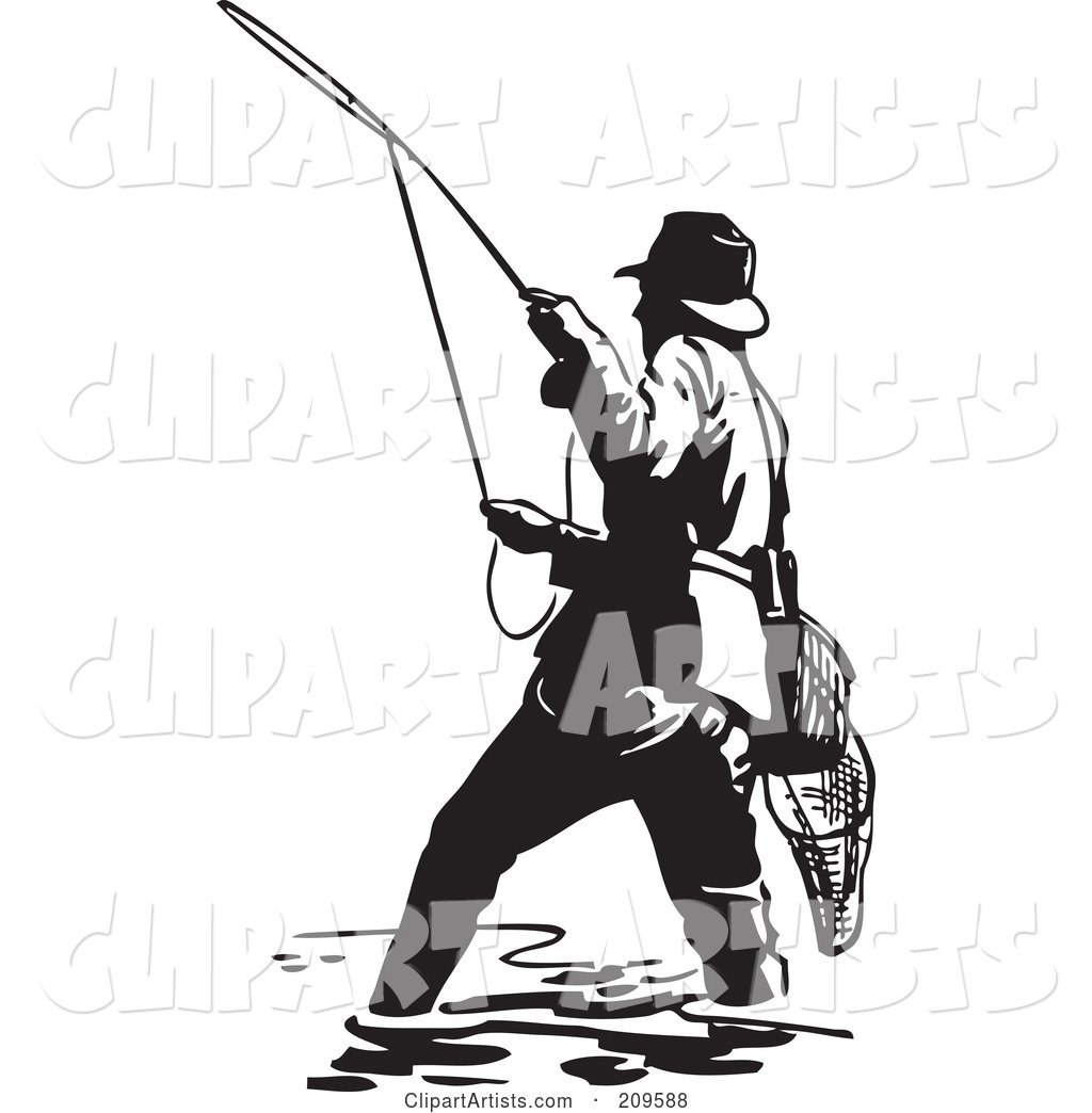 Retro Black and White Wading Fisherman Casting a Line