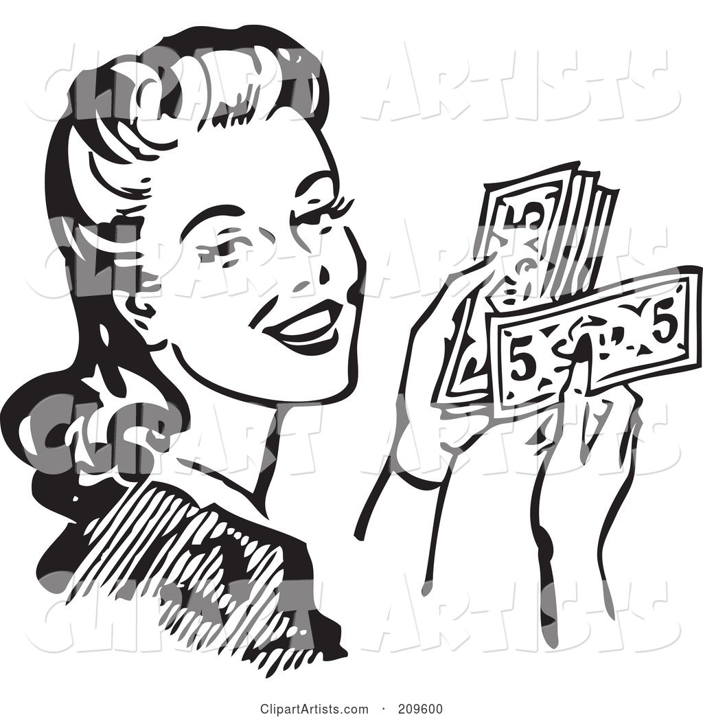Retro Black And White Woman Holding Cash Clipart by BestVector