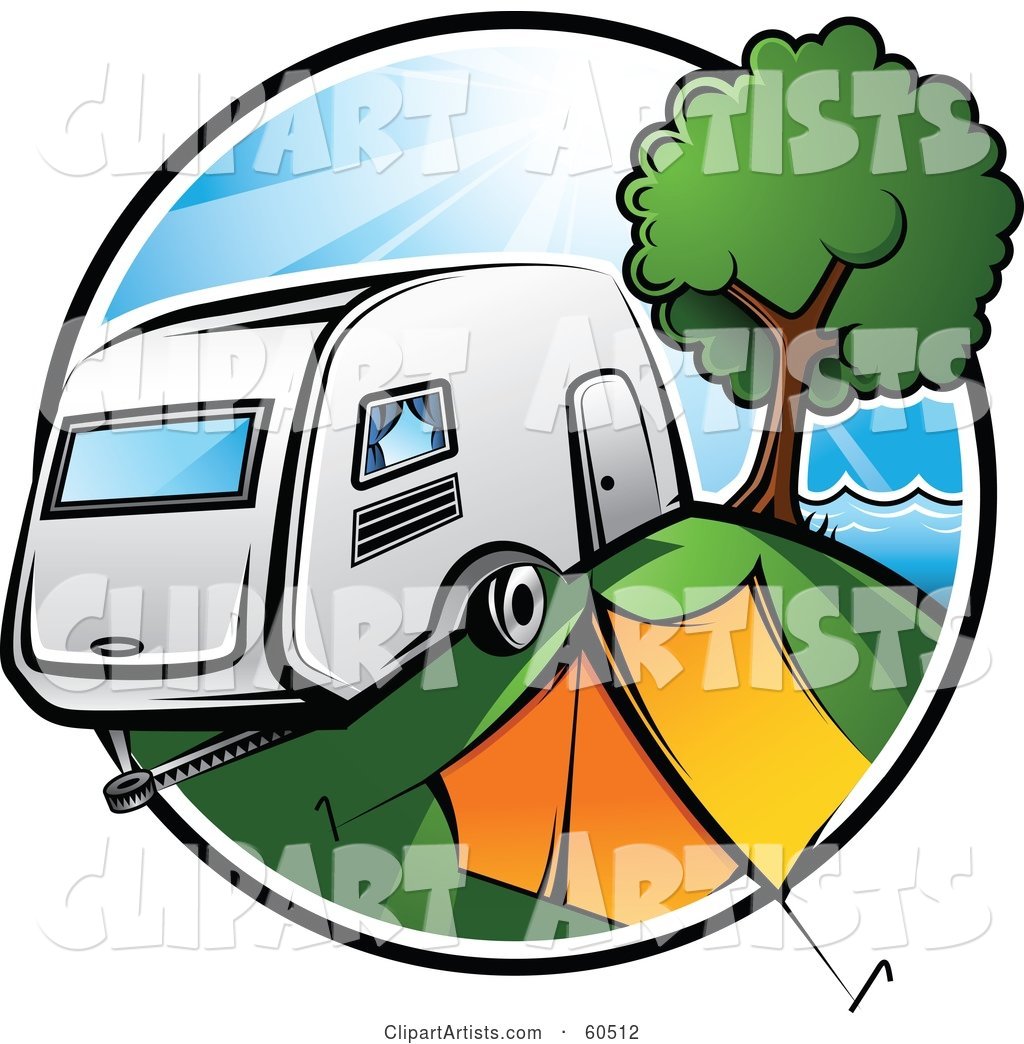 Retro Camper Parked by a Tent and Tree in a Camp Ground