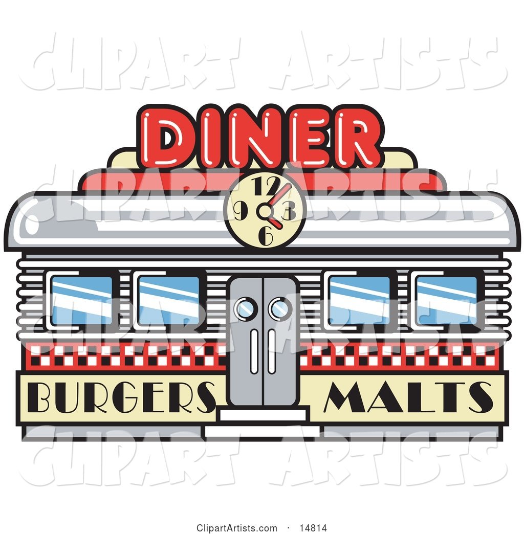 Retro Diner Building with a Clock on It and Signs Advertising Burgers and Malts