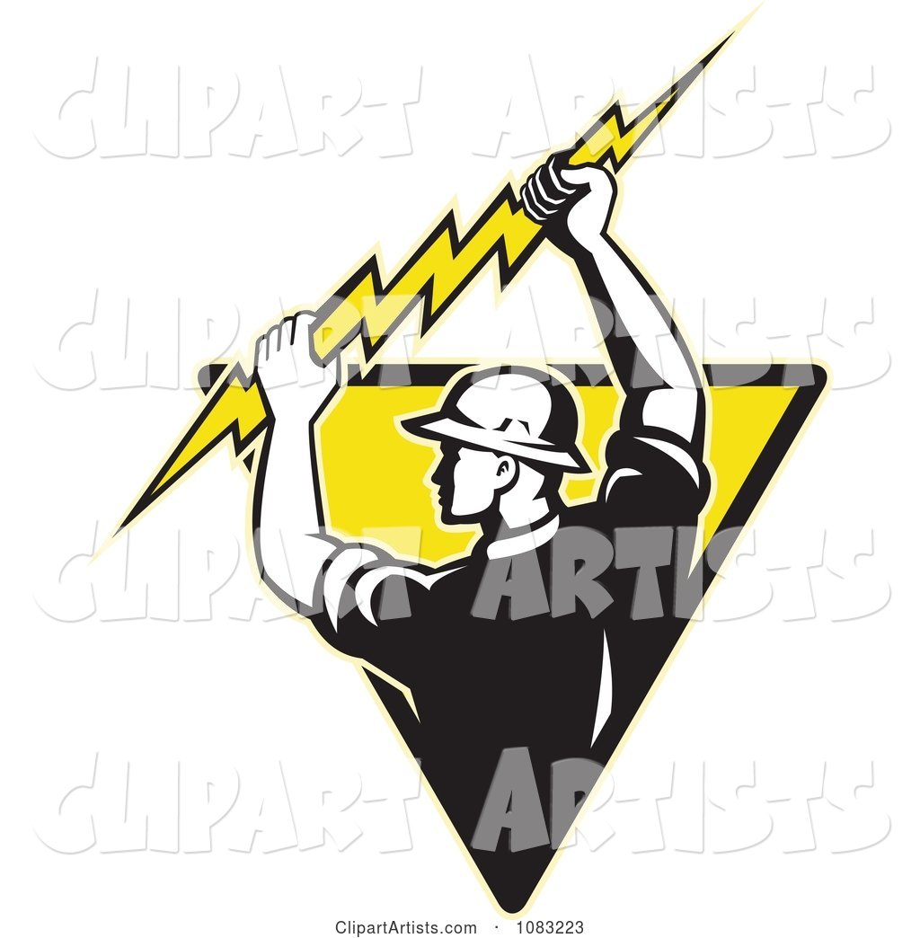 Retro Electrician Holding up a Bolt on a Yellow Triangle