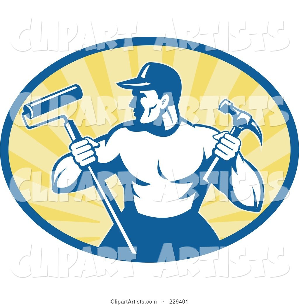 Retro Handyman Holding a Paint Roller and Hammer Logo
