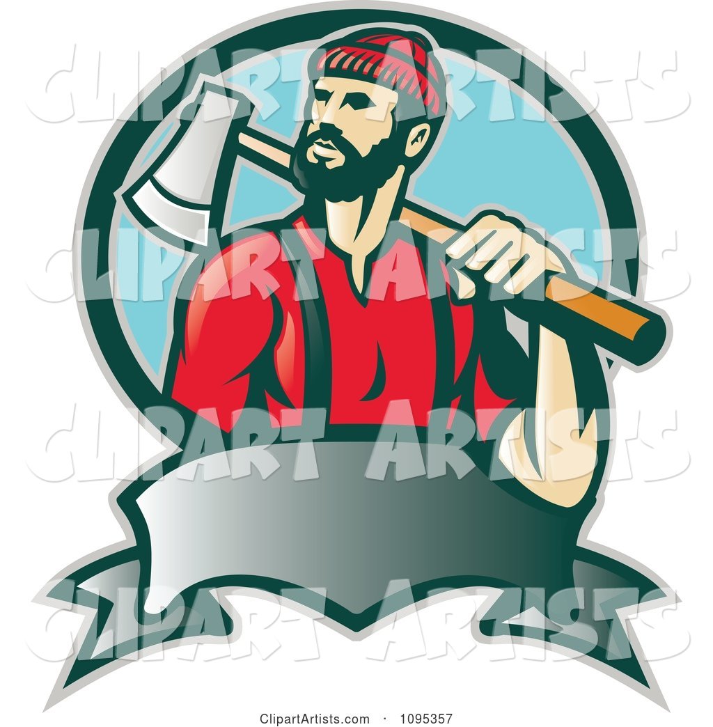Retro Lumberjack Logger Carrying an Axe over His Shoulder over a Banner and Blue Circle