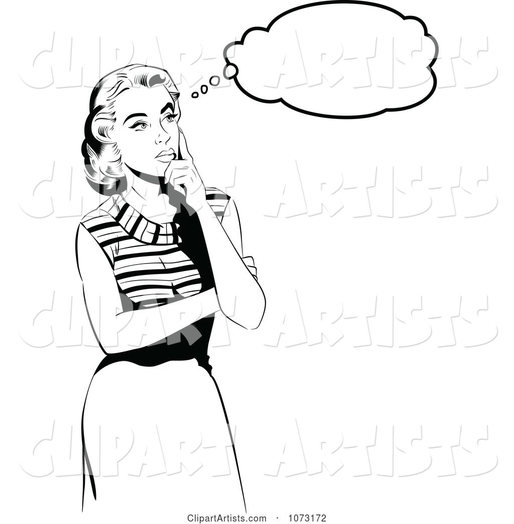 Retro Pop Art Woman Thinking in Black and White