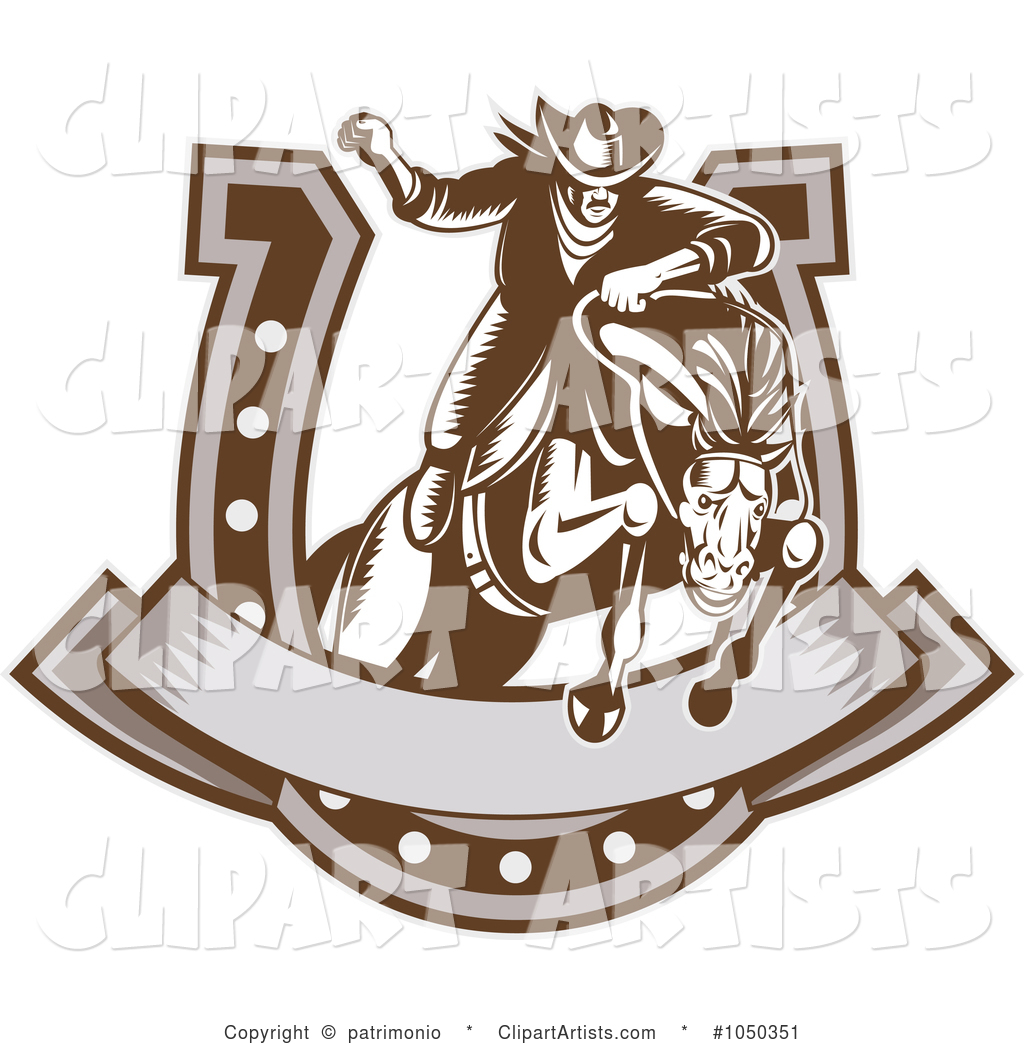 Retro Rodeo Cowboy and Horse Leaping Through a Horseshoe Banner