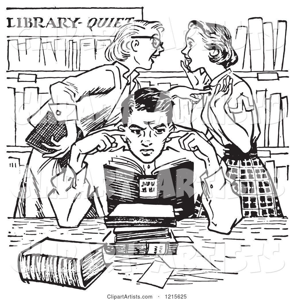 Retro Teenage Girls Gossiping Behind a Boy Covering His Ears in a Library in Black and White