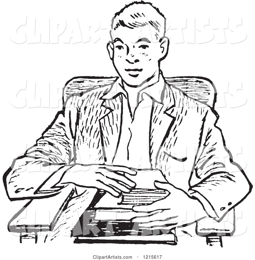 Retro Teenage School Boy with Books at a Desk in Black and White