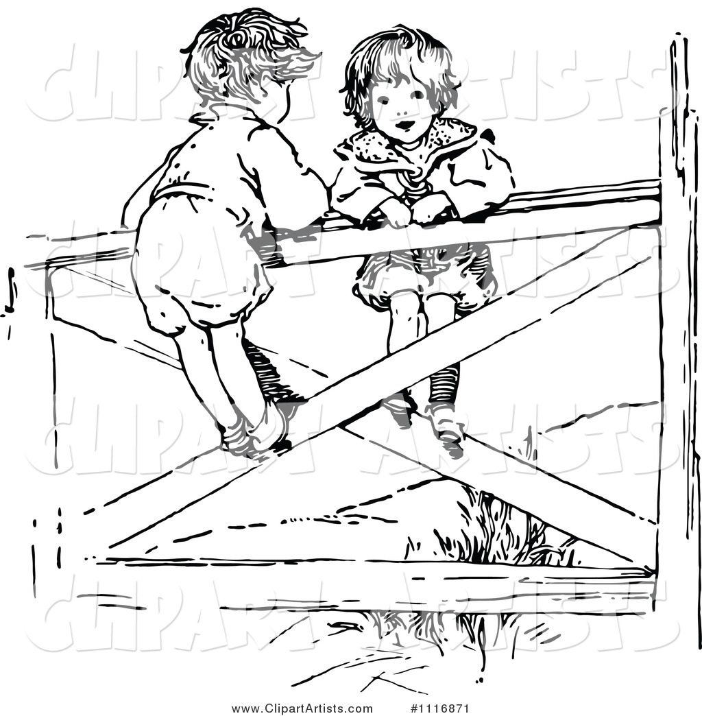 Retro Vintage Black and White Boy and Girl on a Gate