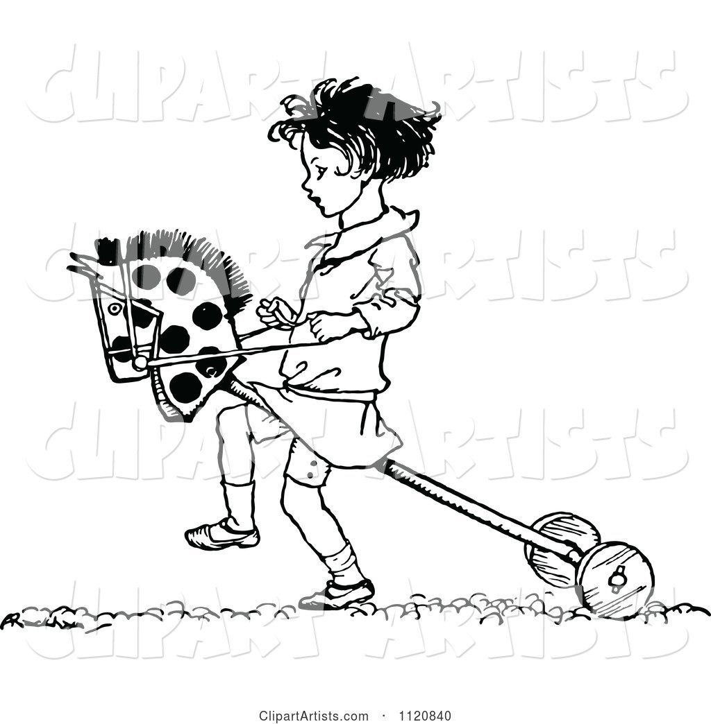 Retro Vintage Black and White Girl Playing with a Hobby Horse