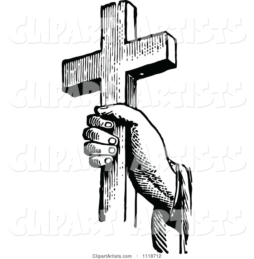 Retro Vintage Black and White Hand Holding a Cross