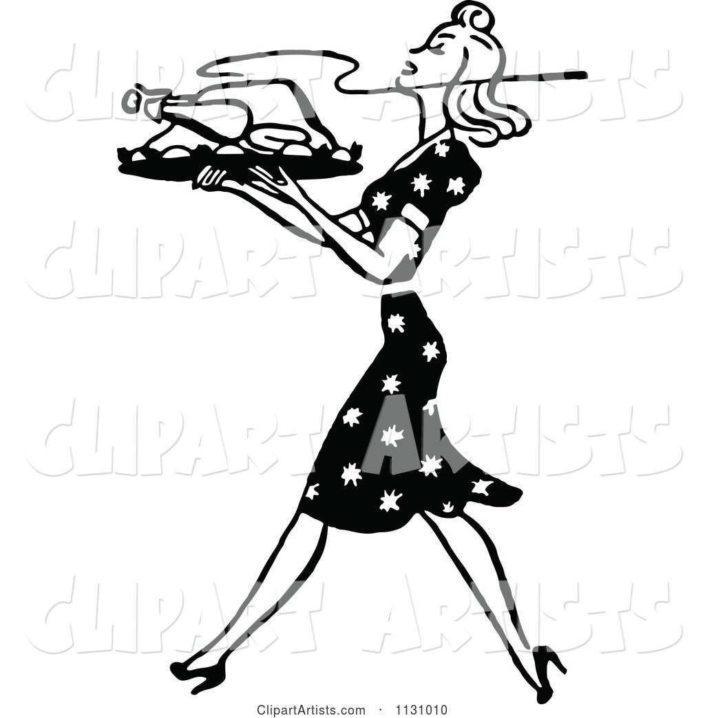 Retro Vintage Black and White Housewife Carrying a Roasted Turkey