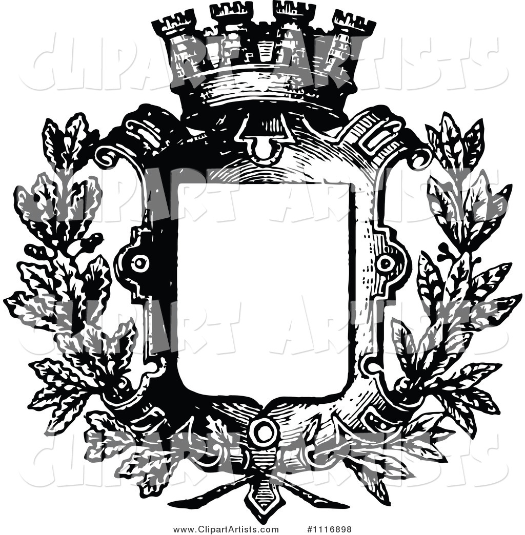 Retro Vintage Black and White Shield with a Crown and Wreath