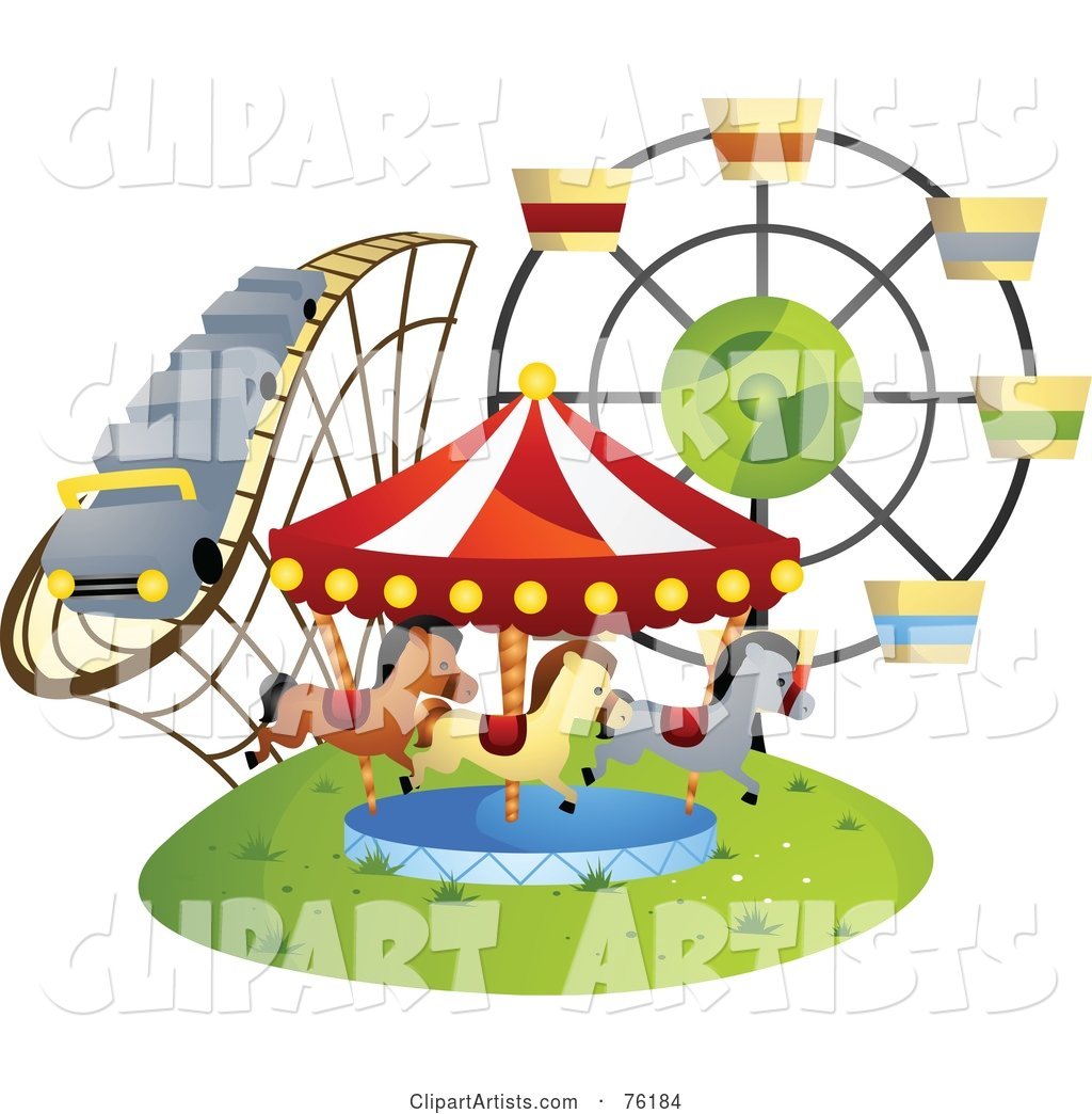 Roller Coaster, Carousel and Ferris Wheel at a County Fair or Amusement Park
