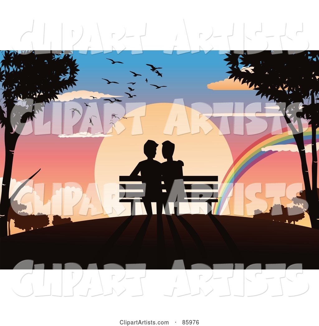 Romantic Gay Couple Sitting on a Bench, Watching a Rainbow in Front of a Sunset