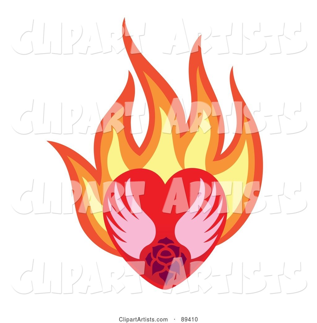 Rose and Wings in a Flaming Red Heart