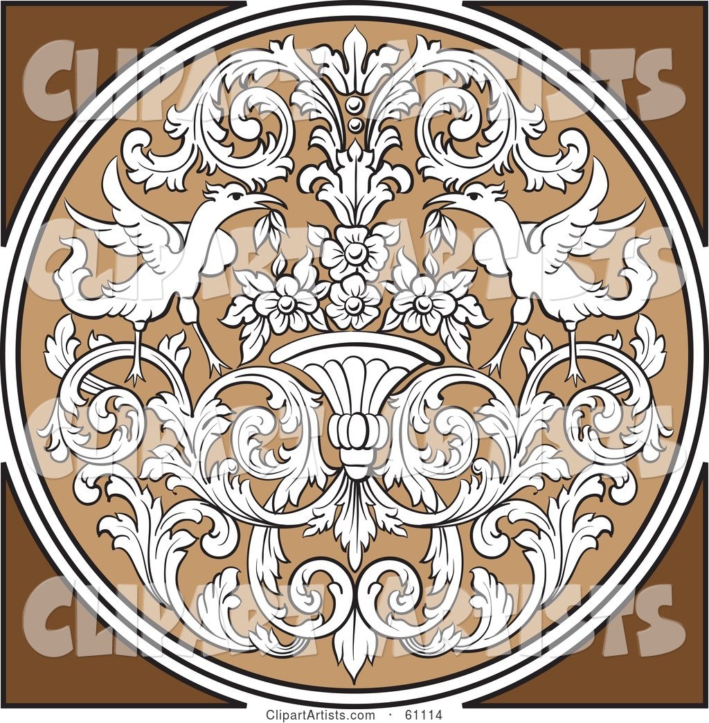Round Ornate Design Element with White Floral Patterns and Birds on Brown