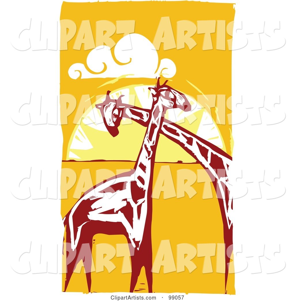 Royalty-Free (RF) Clipart Illustration of Giraffes Cuddling Against an African Sunset