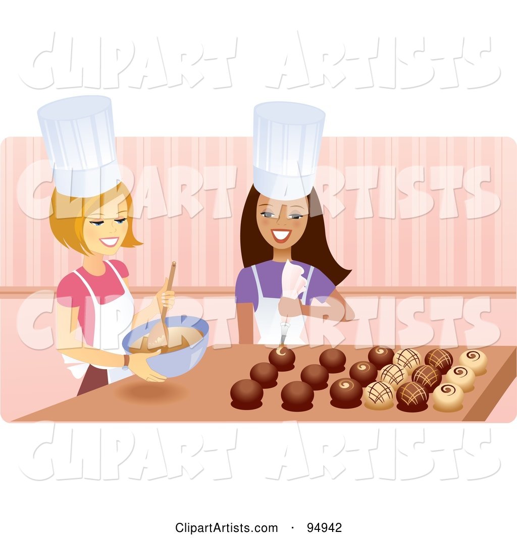 Royalty-Free (RF) Clipart Illustration of Two Happy Women Creating Elegant Chocolates in a Kitchen