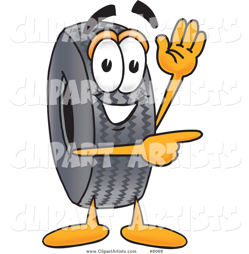 Rubber Tire Mascot Cartoon Character Waving and Pointing