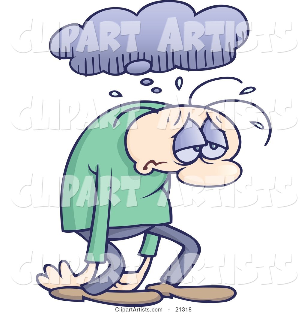 Sad and Depressed Gloomy Man Sulking and Walking Under a Rain Cloud