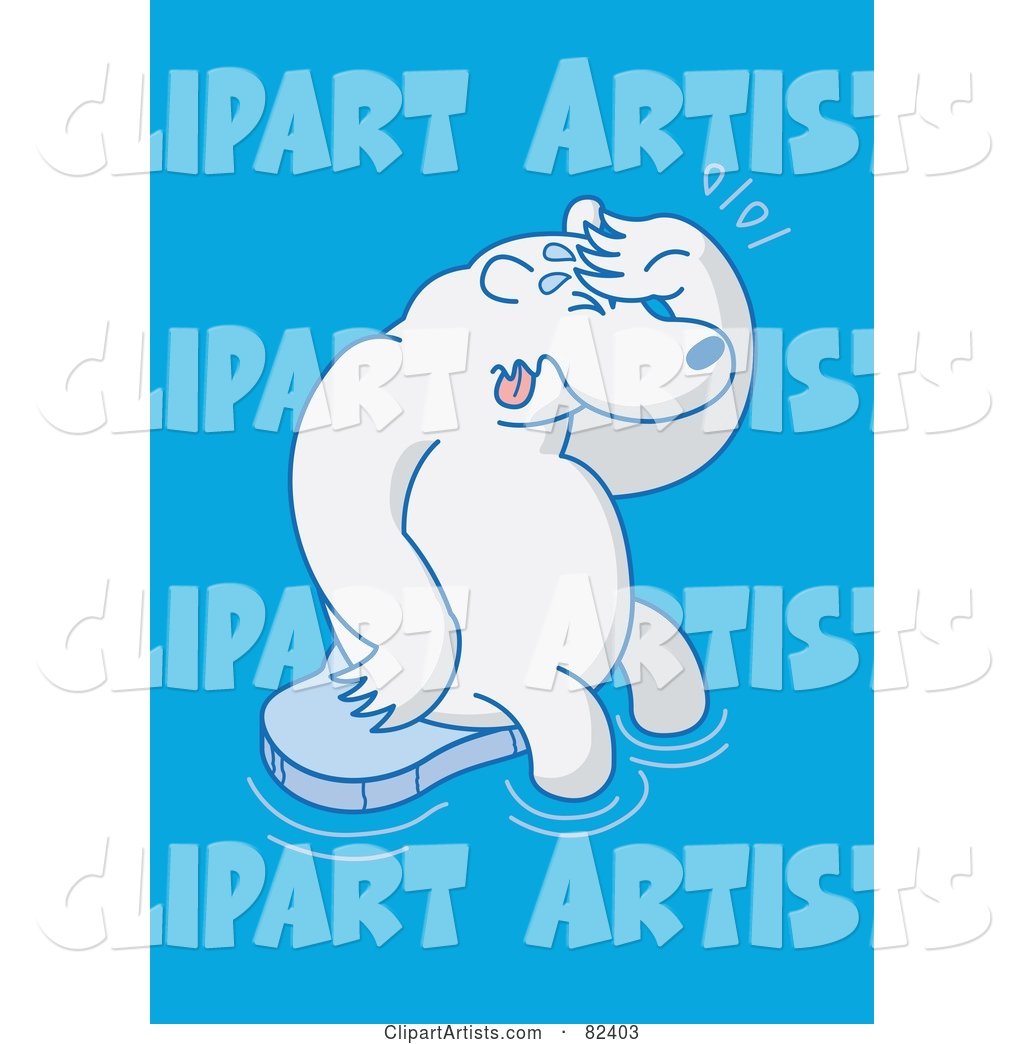 Sad Cartoon Polar Bear Crying on a Small Sheet of Ice in Blue Water