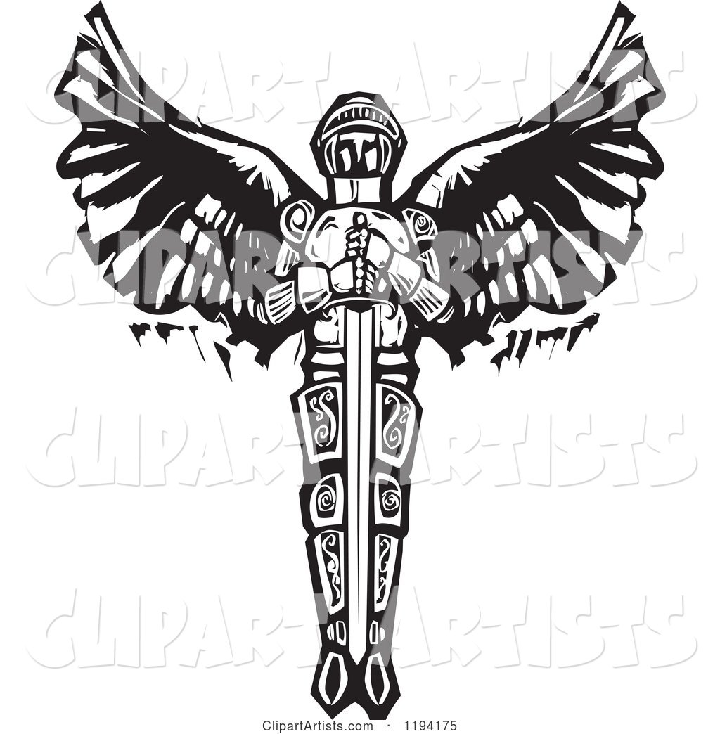 Saint Michael the Archangel with a Sword Black and White Woodcut
