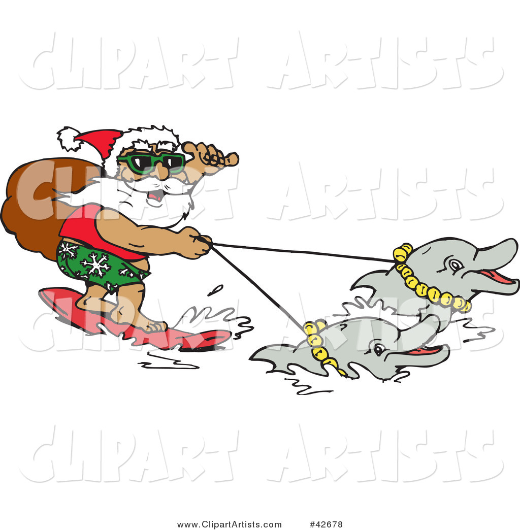 Santa Carrying His Sack While Surfing and Holding Reins to Dolphins