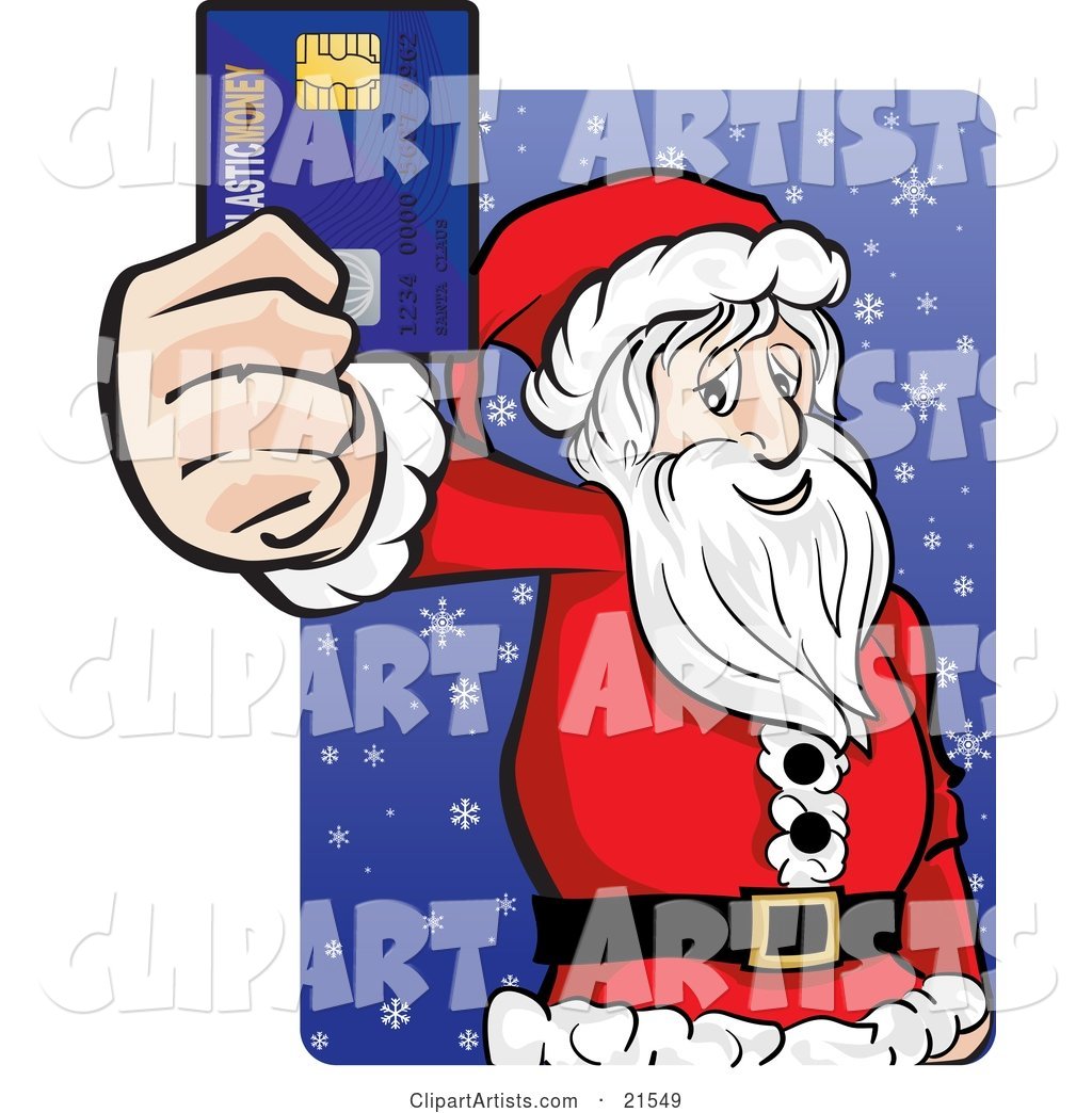 Santa Claus in His Red and White Uniform, Holding out His Credit Card While Racking up His Debt and Christmas Shopping