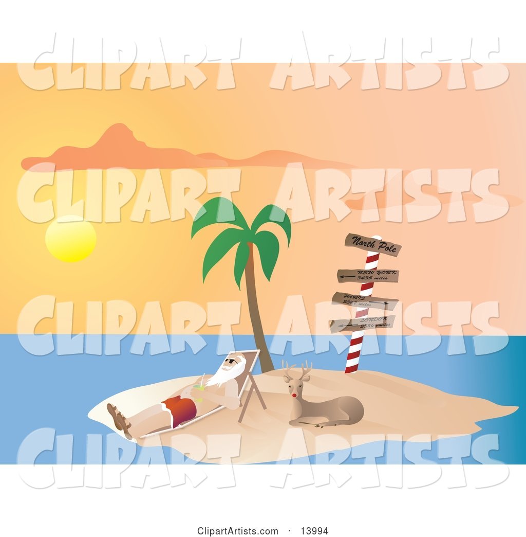 Santa Claus Vacationing and Relaxing on a Lounge Chair Beside Rudolph Under a Palm Tree on a Tropical Island at Sunset