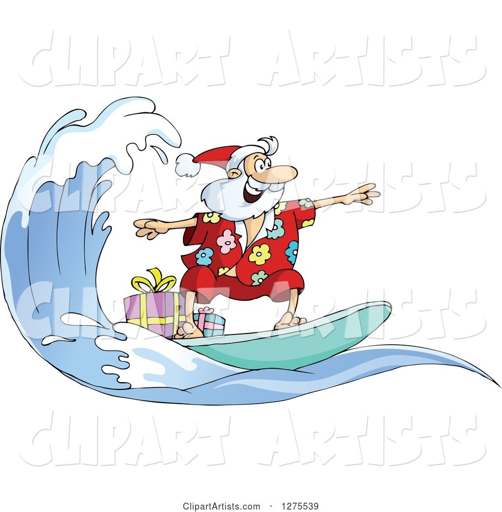 Santa Clause Surfing and Riding a Wave with Christmas Gifts on Board