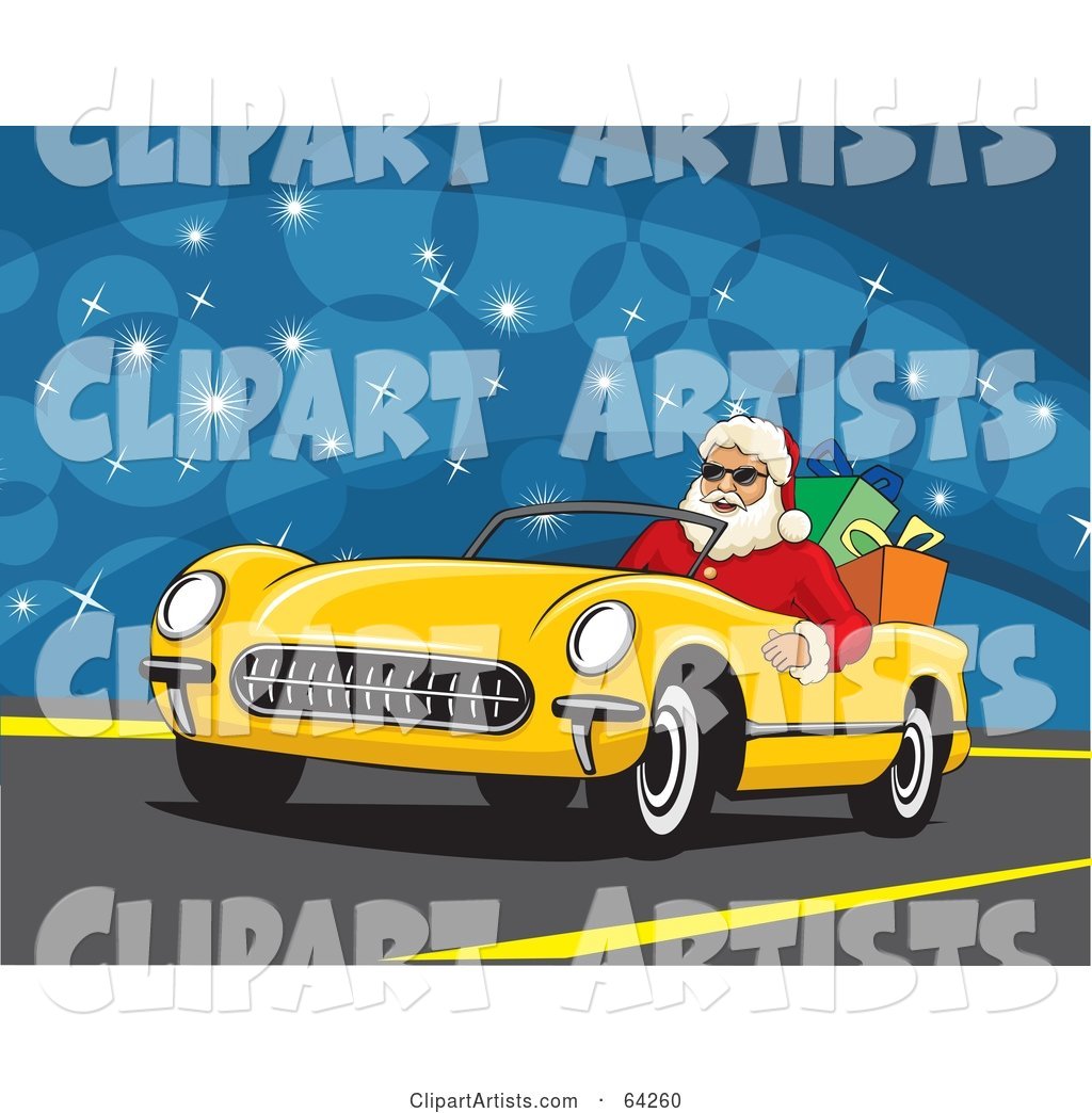Santa Driving His Convertible Yellow Car with Christmas Presents in the Back