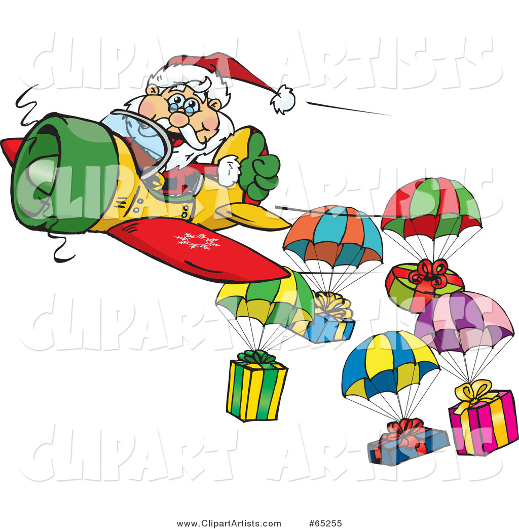 Santa Flying a Plane and Dropping Presents on Parachutes