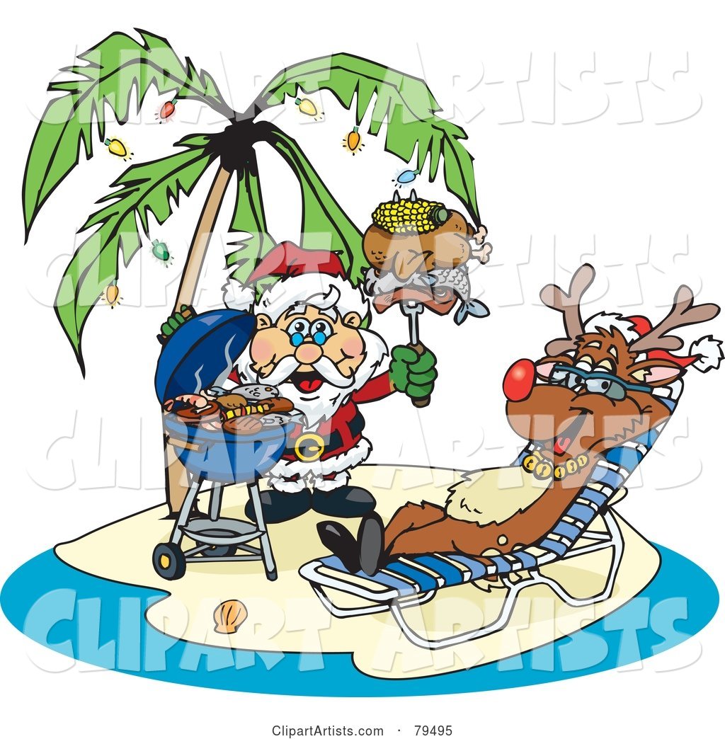 Santa Grilling Food for Rudolph on a Tropical Christmas Island