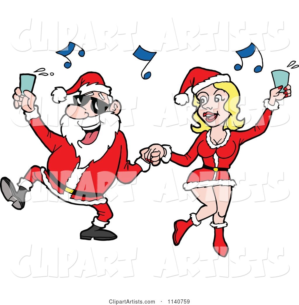 Santa Holding up a Drink and Dancing with a Sexy Mrs Clause