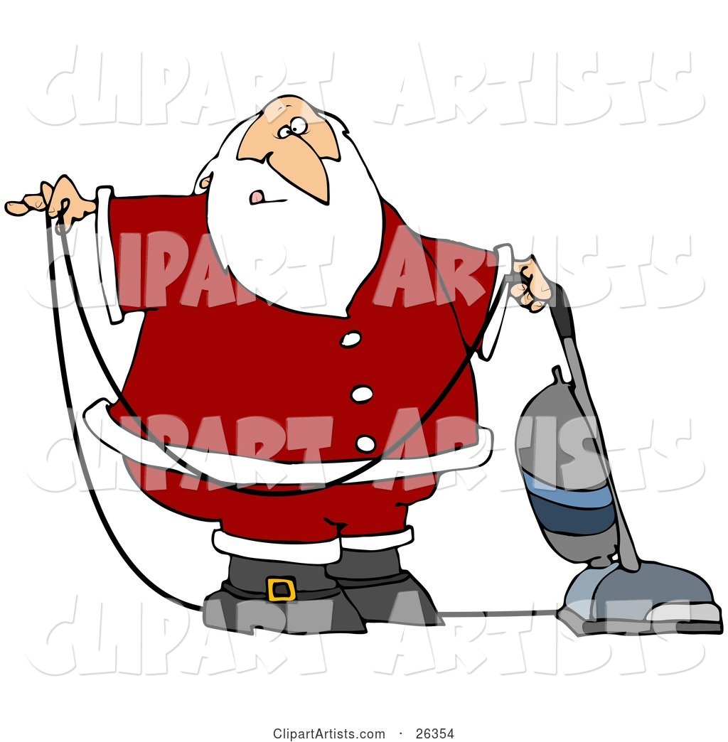Santa in Uniform, Vacuuming Carpet with a Vacuum