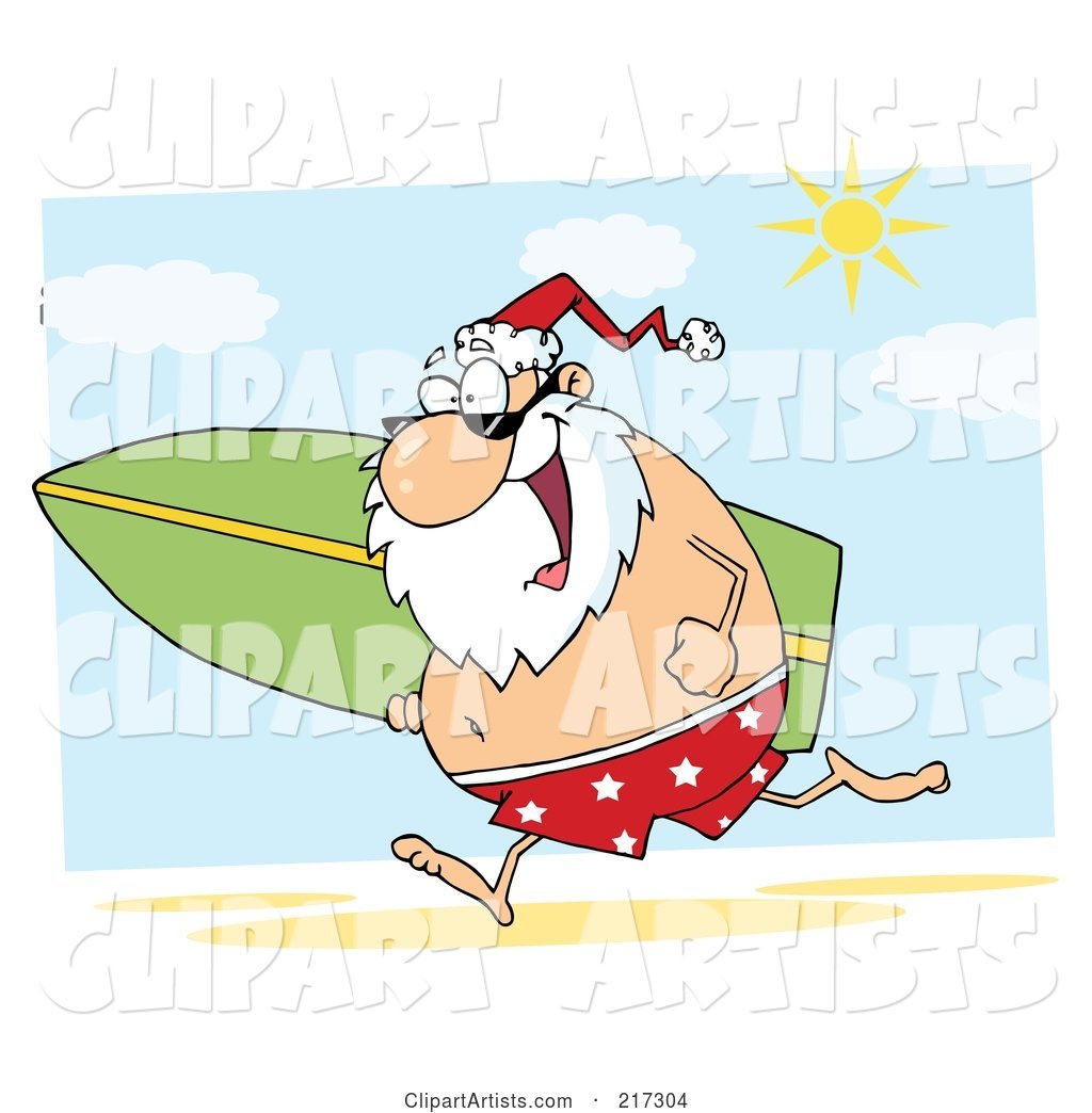Santa Running on a Beach with a Surfboard