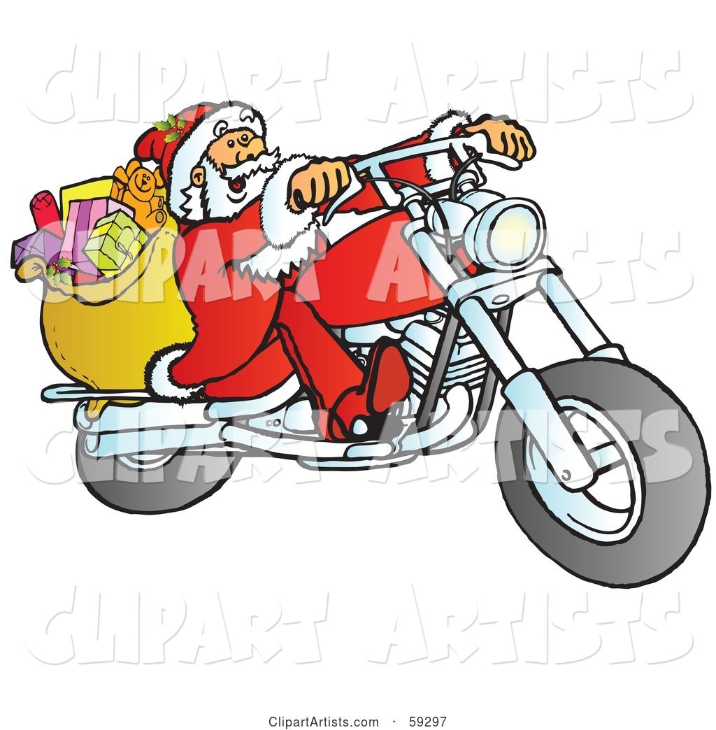 Santa with His Toy Sack, Riding a Chopper Motorcycle