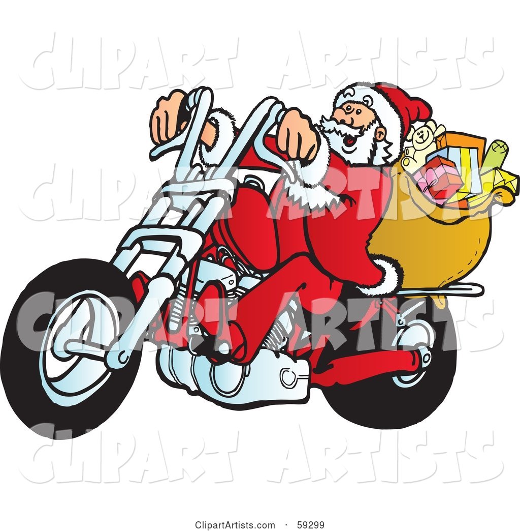 Santa with His Toy Sack, Riding a Motorcycle