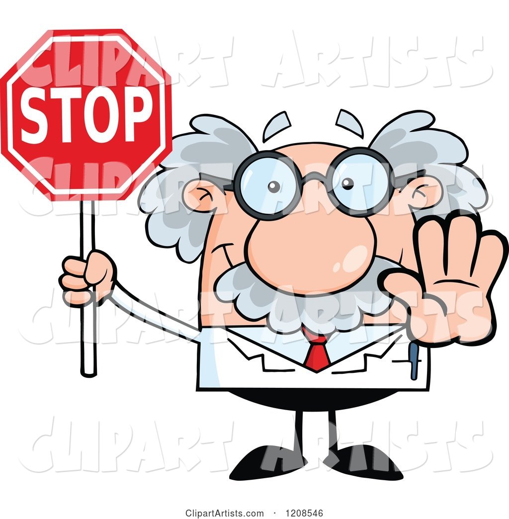 Science Professor Holding out a Hand and Stop Sign