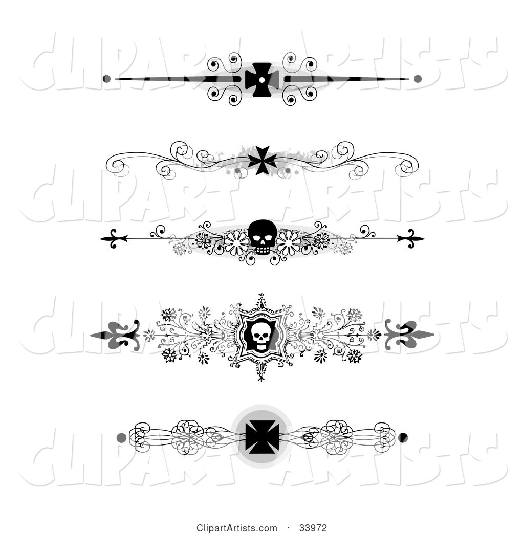Set of Five Black and White Iron Cross and Skull Headers, Dividers, Banners or Lower Back Tattoo Designs