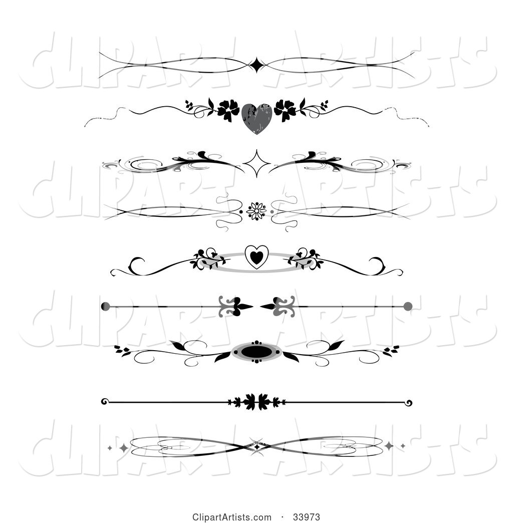Set of Nine Black and White Diamond, Heart, Flower and Maple Leaf Headers, Dividers, Banners or Lower Back Tattoo Designs